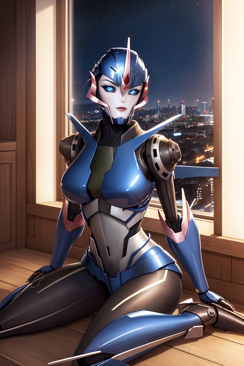 (masterpiece, best quality:1.2), 1girl, solo, looking at viewer, <lora:arceetp:1>, arceetp, robot, mecha, autobot, medium breasts, indoors, window, city, night sky, sitting, wariza,