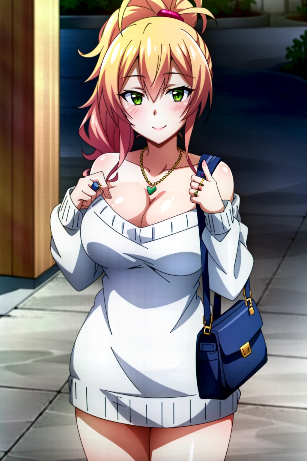 (extremely detailed CG unity 4k wallpaper),(anime coloring),(masterpiece),(best quality),(ultra-detailed),(best illustration),(best shadow),(absurdres),(detailed background), <lora:OGT_Yukana_Yame-v3:0.7> Yukana Yame, 1girl, jewelry, solo, blonde hair, ring, sweater, smile, breasts, green eyes, bag, off shoulder, looking at viewer, necklace, heart, heart necklace, off-shoulder sweater, blush, ponytail, multicolored hair, long hair, handbag, hair between eyes, cleavage, large breasts, bare shoulders, closed mouth, dress, gradient hair, collarbone, bangs, white sweater, wedding ring, long sleeves, high ponytail