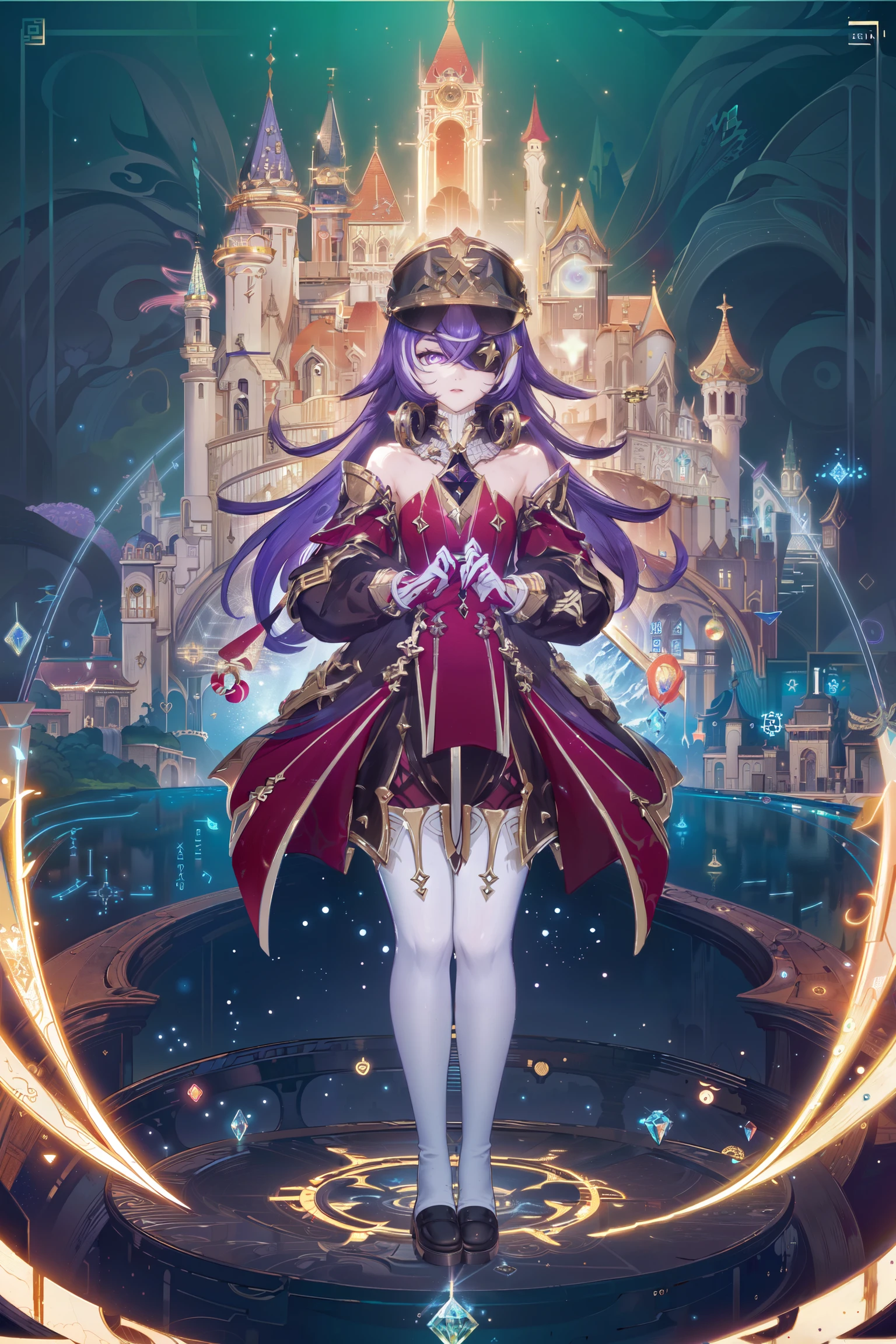 simple_white_background, golden and white theme, Sense of coordination, sense of order, mathematics beauty, (((cover design))), (((((cover art))))), ((trim)), album_art, official art, (Master's work), full body, ( closeup, 1girl,solo:1.2),
<lora:xiawolei-v100-000019:0.8:lbw=OUTALL>,xiawolei, 1girl, hat, long hair, purple hair, purple eyes, gloves, eyepatch, shako cap, thighhighs, thigh boots,
<lora:AkramBham:0.5>, 1girl, solo, parted lips, looking at viewer, floating hair, long hair, portrait, bangs, collarbone, scenery,
magic circle, star patterns, white geometry, colorful geometry, reflection, crystal_art, pattern_design, creative, Mystery pattern, colorful crystal decorate, blue crystal, (architectural art), ((geometric art)), pattern design, creative, shine, dream,
cute rabbits, so many candys, so many sweets, magic word,
------,
Low saturation, grand masterpiece, Perfect composition, film light, light art,
<lora:nai3lora-000012-5kmd:0.7>, <lora:bz_v3-000003:0.5>, <lora:bigcar2-v100-000011:0.4>,