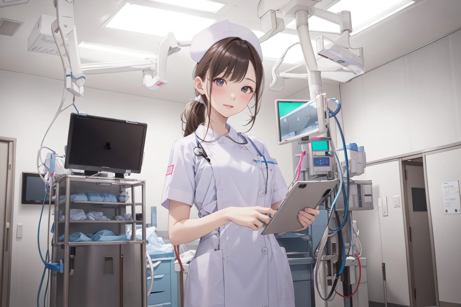 (RAW photo, best quality), indoor, <lora:ConceptOperatingRoomSD0_0:1>, modern operating room,
1girl, (detailed face:0.5),
<lora:NurseUniform0_0:1> nurse uniform, nurse cap