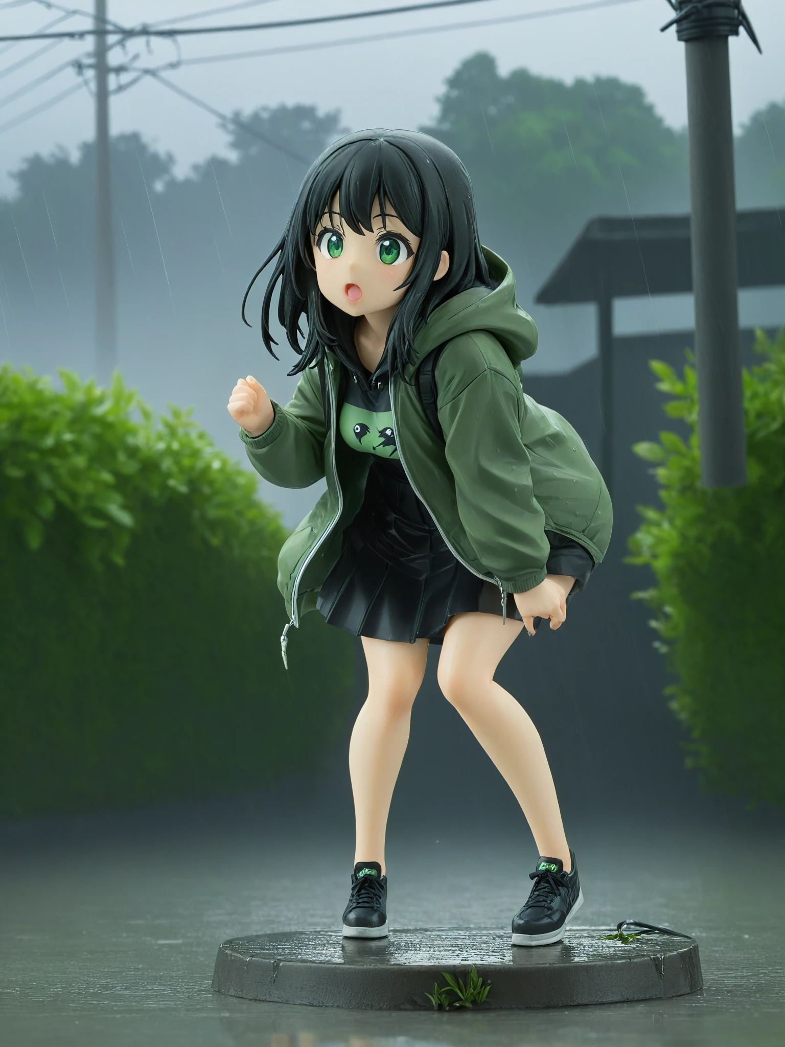 pvc,1girl, rain, squatting, bird, outdoors, solo, shoes, sneakers, skirt, black hair, power lines, hood, jacket, building, utility pole, black skirt, long hair, blurry, hood down, open mouth, black eyes, long sleeves, bare legs, sign, plant, depth of field, bangs, animal, green jacket, head rest
