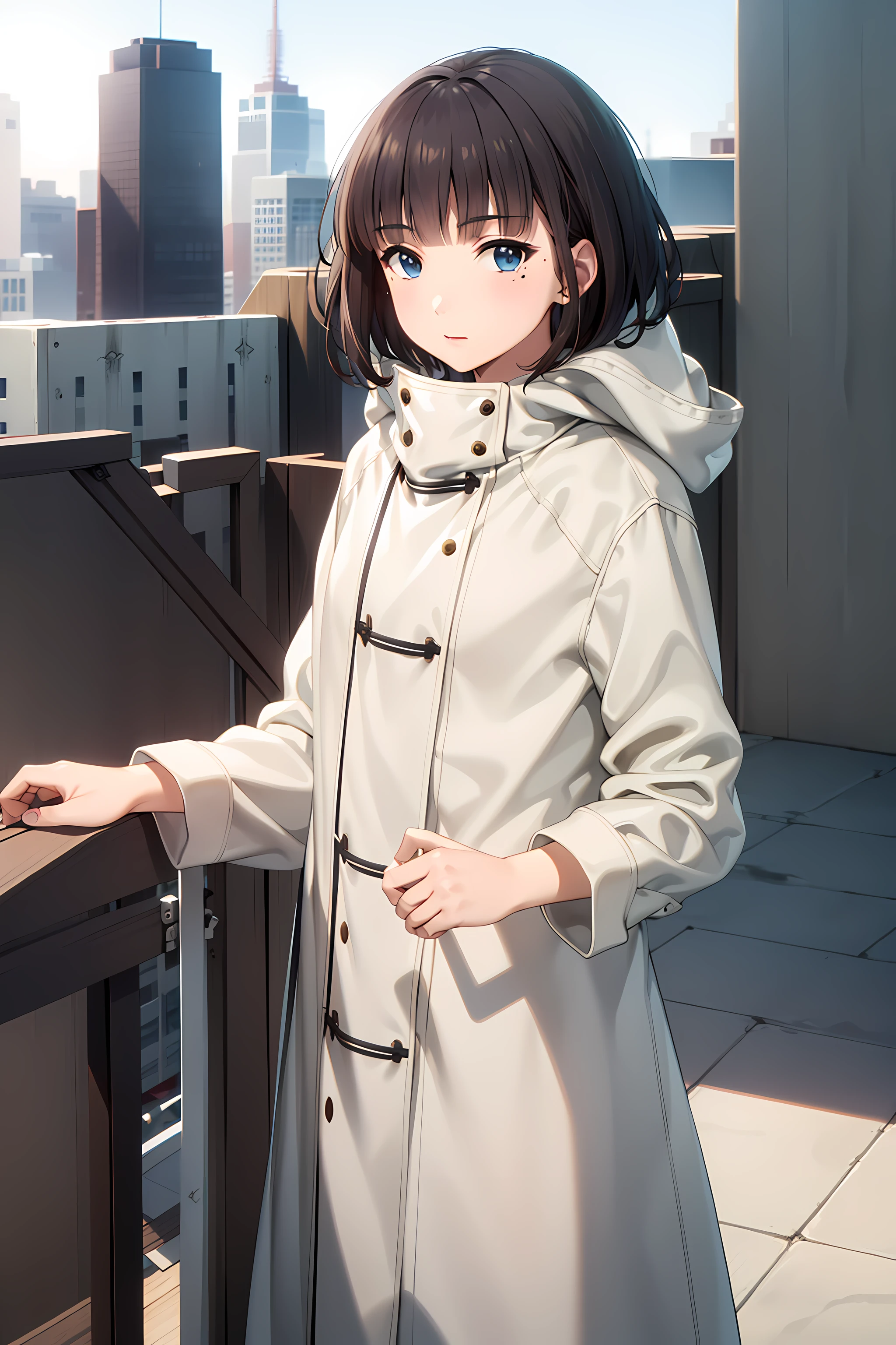 best quality, masterpiece, detailed,
<lora:DarwinsGame_KashiwagiRein:0.8>, KashiwagiRein,
solo, closed mouth,
short hair, brown hair, blue eyes, mole under eye, blunt bangs,
ReinCoat, hooded coat, white coat,
standing, looking at viewer,
skyscraper, city, rooftop