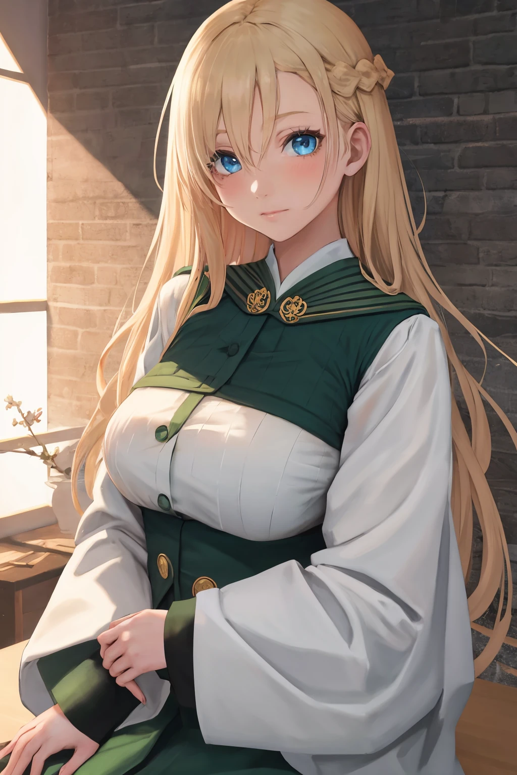 masterpiece, best quality, 1girl, solo, <lora:mint-sn4-richy-v1:1> mint, blue eyes, braid, green uniform, long sleeves