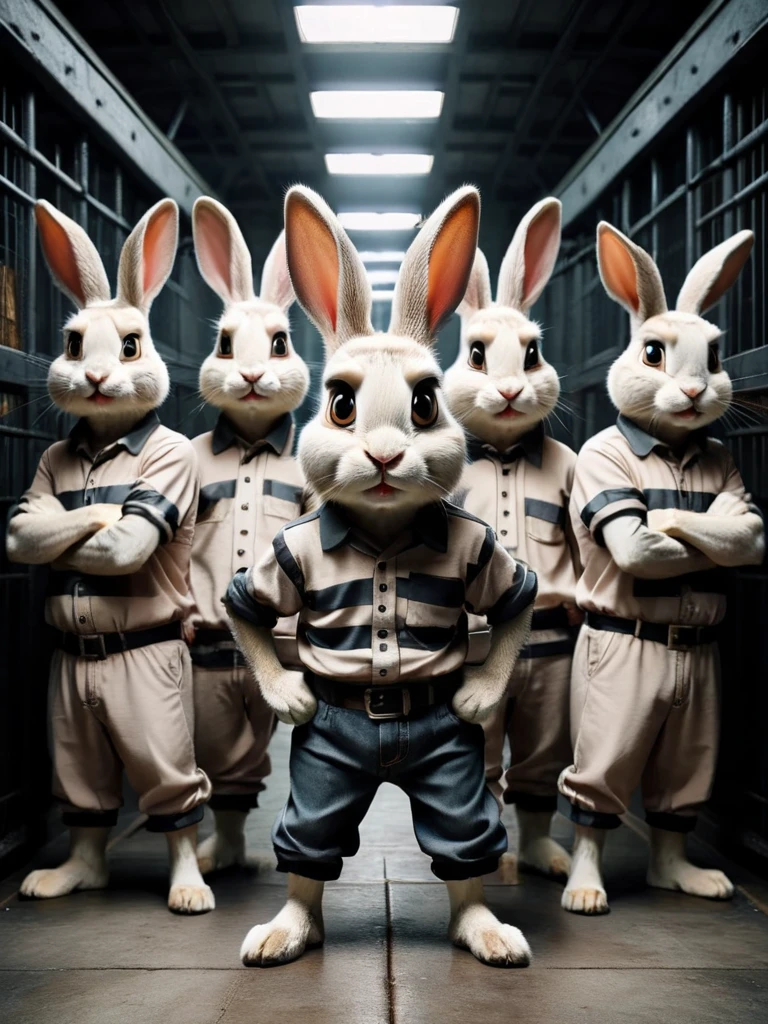 group of rabbits looking like the daltons from lucky luke wearing prison clothes plotting an escape, looking dramatic at viewer <lora:ral-symetrical:1> ral-symetrical