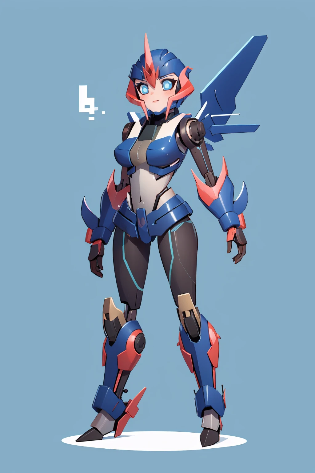 (masterpiece, best quality:1.2), 1girl, solo, looking at viewer, <lora:arceetp:1>, arceetp, robot, mecha, autobot, medium breasts, multicolored background, standing,