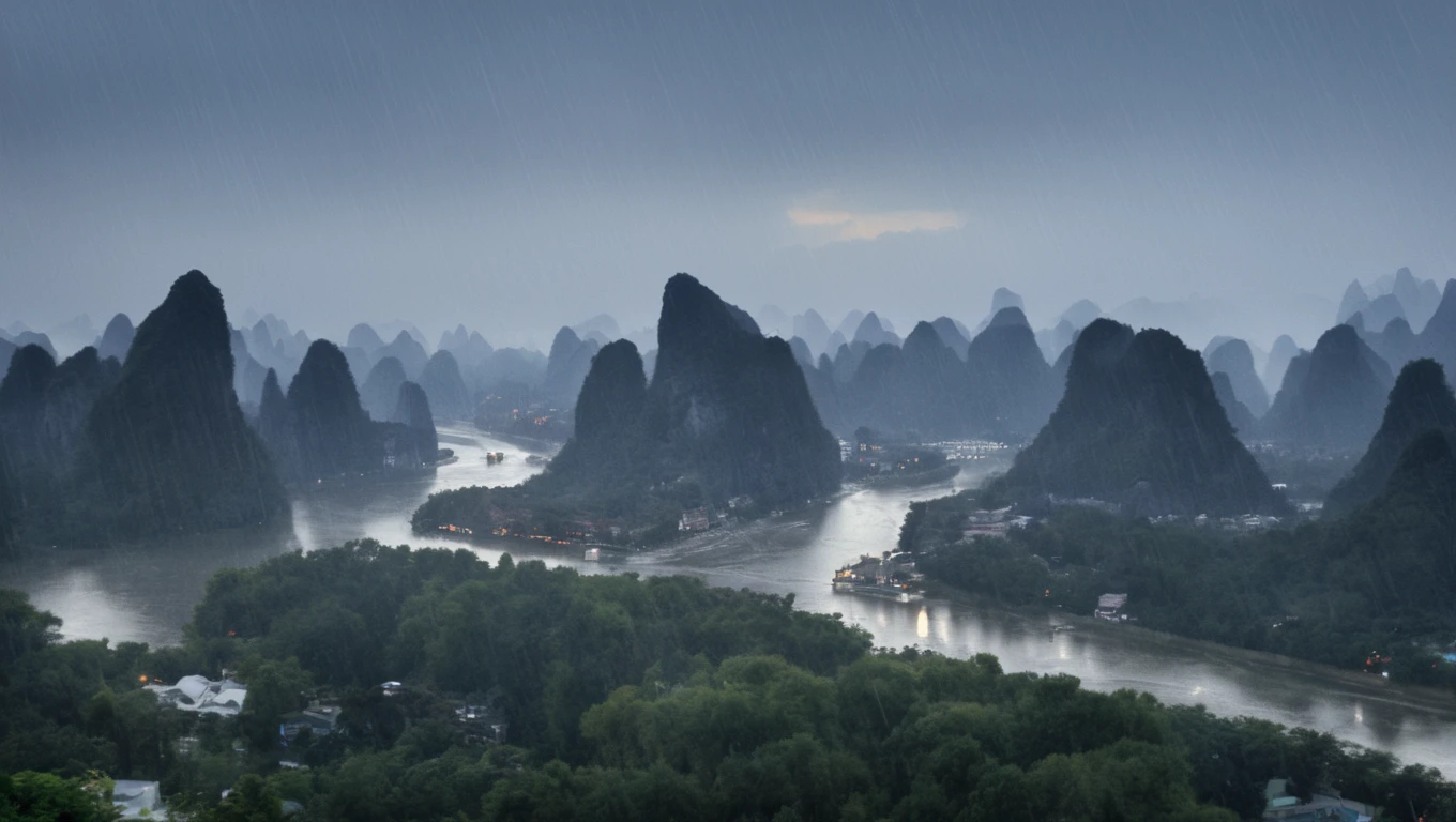 a photo of Guilin Landscape with drizzling rain dropping on the river