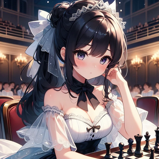 (((masterpiece))),  (((best quality))),  night,  exhibition,  auditorium,  solo,  1girl playing chess,  putting down chess piece,  large square chessboard on table,  scarf,  lace dress,  cleavage,  big tits,  ribbon,  updo longhair,  petite figure proportion,  shy,  blush,<lora:EMS-257008-EMS:0.800000>