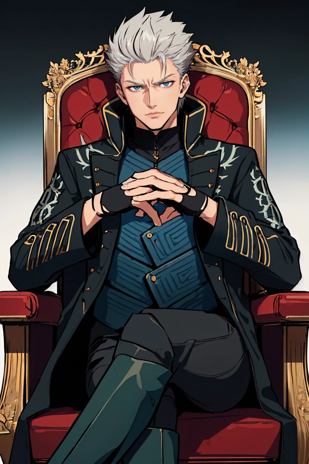 (masterpiece, best quality:1.2), solo, male focus, 1boy, dmc5vergil, serious, looking at viewer, sitting, crossed legs, throne, black coat, fingerless gloves, pants <lora:dmc5_vergil-10:1>