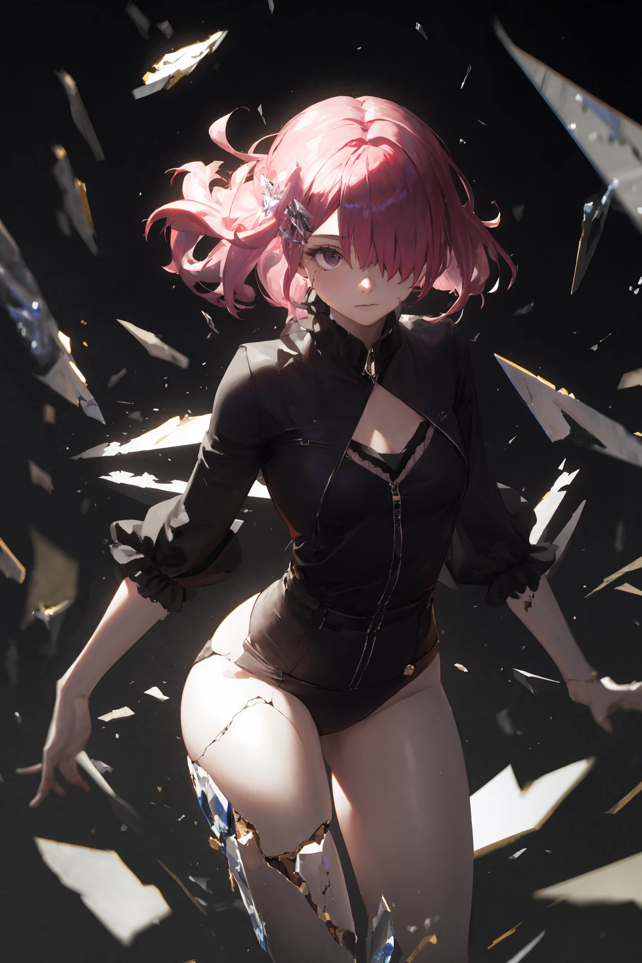 (best quality, masterpiece, highres),1girl,solo,crystal hairclip,hair over one eye,uneven_sleeves,closed mouth,dynamic_angle,
<lora:broken crystal limb_v1.02zs:1>,crystal body,shards,broken limb,