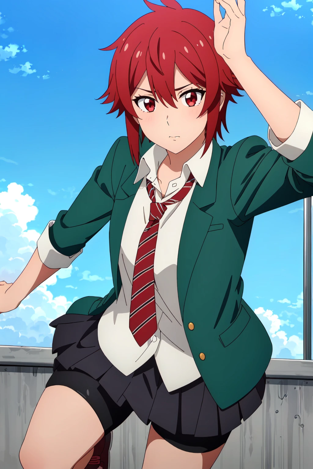 ((best quality)),((highly detailed)),masterpiece,absurdres,detailed face,beautiful face,(detailed eyes, deep eyes),1girl,((dynamic pose)), <lora:TomoV1:0.6>, Tomo, red hair, school uniform, solo, necktie, short hair, red eyes, skirt, jacket, blazer, sky, day, cloud, pleated skirt, sleeves rolled up, red necktie, shorts, outdoors, shirt, looking at viewer, green jacket, striped, striped necktie, open clothes, standing, white shirt