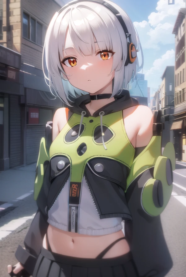 anbydemara, <lora:anby demara-lora-nochekaiser:1>,
anby demara, (orange eyes:1.5), short hair, white hair,
BREAK bare shoulders, black gloves, black skirt, black thighhighs, fingerless gloves, gloves, green jacket, headphones, jacket, navel, skirt, stomach, thighhighs,
BREAK outdoors, city, sky, clouds, sun, buildings, crowd, people, alley,
BREAK looking at viewer, (cowboy shot:1.5),
BREAK <lyco:GoodHands-beta2:1>, (masterpiece:1.2), best quality, high resolution, unity 8k wallpaper, (illustration:0.8), (beautiful detailed eyes:1.6), extremely detailed face, perfect lighting, extremely detailed CG, (perfect hands, perfect anatomy),