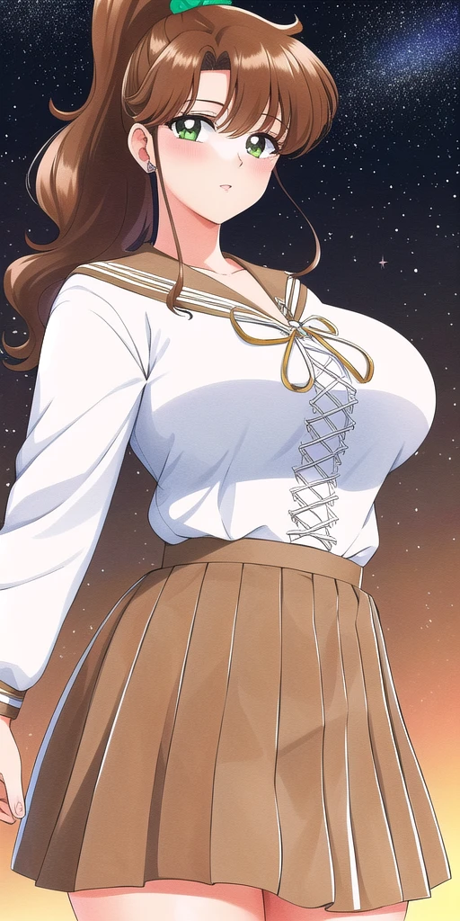 <lora:MakotoV1:0.7> kino_makoto, huge_breasts, standing, solo, School_uniform_Serafuku_White_shirt_Brown_sailor_collar_Cross-laced_top_Brown_skirt, starry_sky,, masterpiece, best quality, detailed face, detailed eyes, highres,