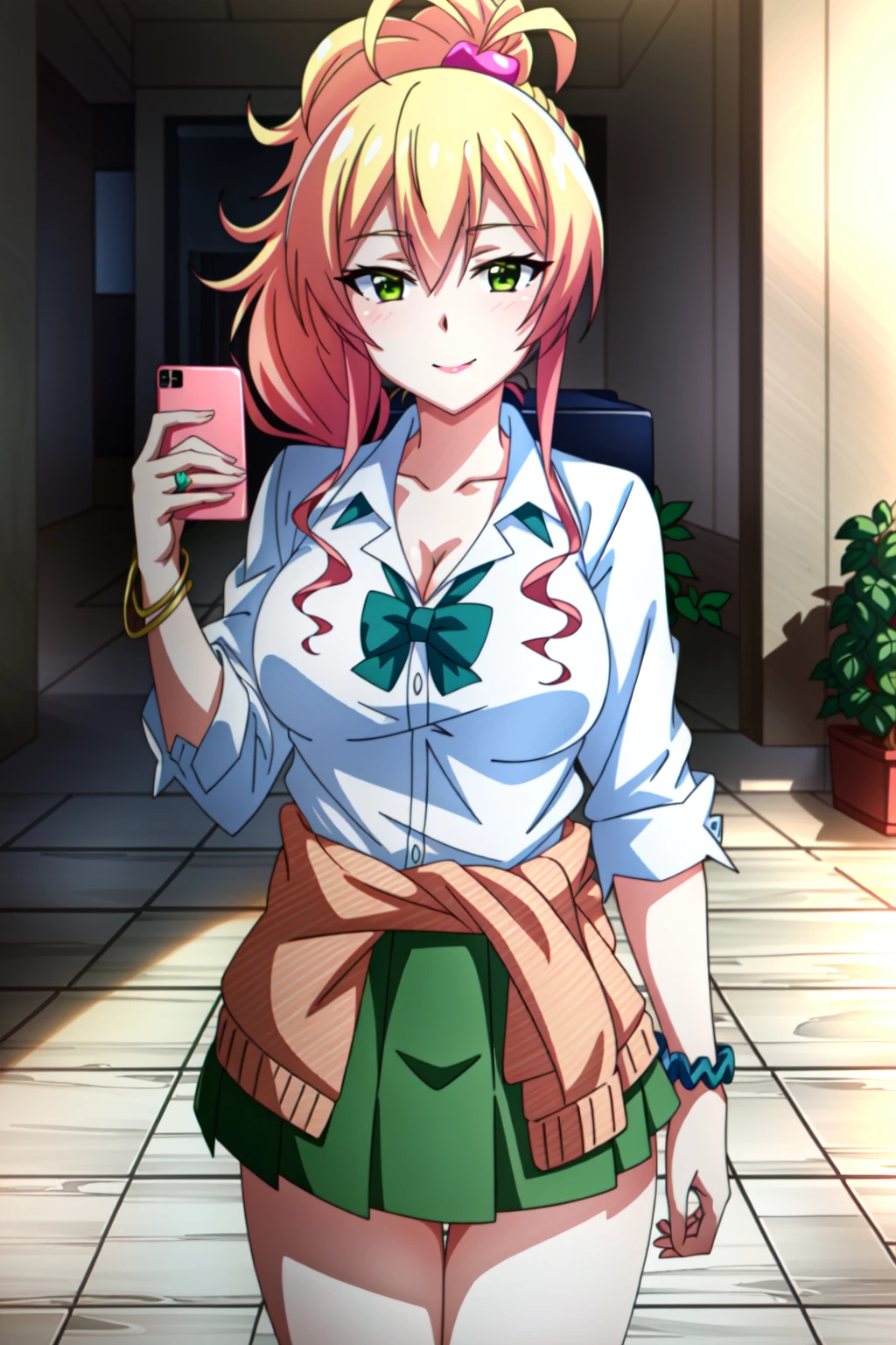 (extremely detailed CG unity 4k wallpaper),(anime coloring),(masterpiece),(best quality),(ultra-detailed),(best illustration),(best shadow),(absurdres),(detailed background), <lora:OGT_Yukana_Yame-v3:0.7> Yukana Yame, 1girl, solo, blonde hair, skirt, clothes around waist, phone, gyaru, cellphone, jewelry, breasts, green eyes, cleavage, kogal, smile, sweater around waist, green skirt, bracelet, shirt, ponytail, school uniform, long hair, bow, scrunchie, sweater, large breasts, pleated skirt, smartphone, white shirt, looking at viewer, hair ornament, bowtie