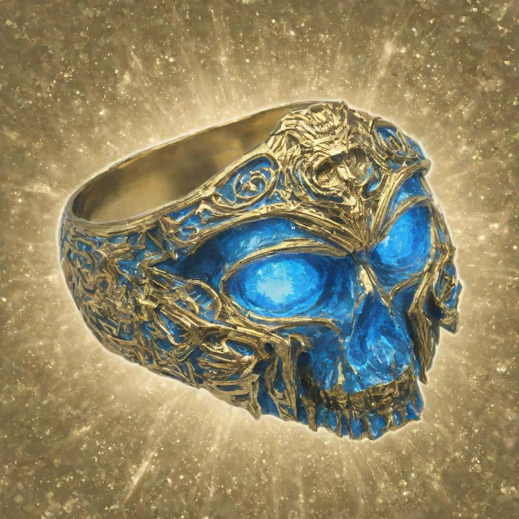 baldurs gate ring, blue glow, gold ring, ring, HD, ring, skull ring, detailed, embossed ring, skull yellow eyes