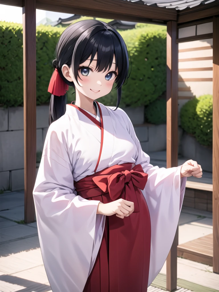 miko, black hair tied, smile <lora:normal miko-001_0.7:1>