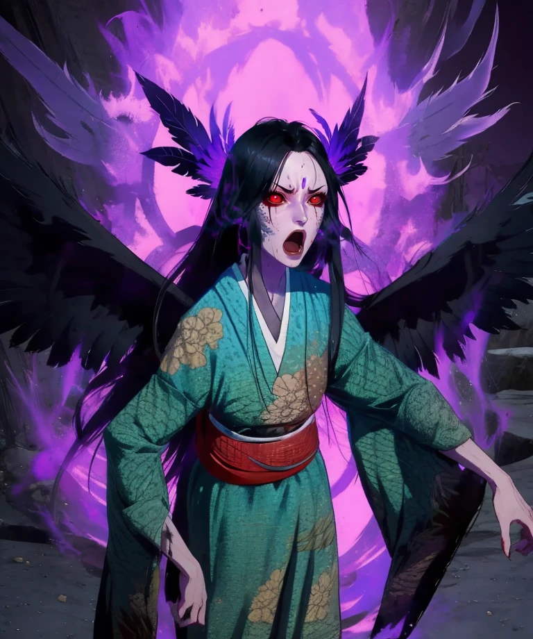 ubume,red eyes,black hair,face feather,bangs,
green kimono,dirty,angry,black wings,open mouth,wide sleeves,
standing,cowboy shot,
purple aura,dark aura,
edo japan,underworld,red sky,
(insanely detailed, beautiful detailed face,beautiful detailed eyes, masterpiece, best quality),<lora:ubume:0.8>,<lora:DBKiCharge:0.7>,