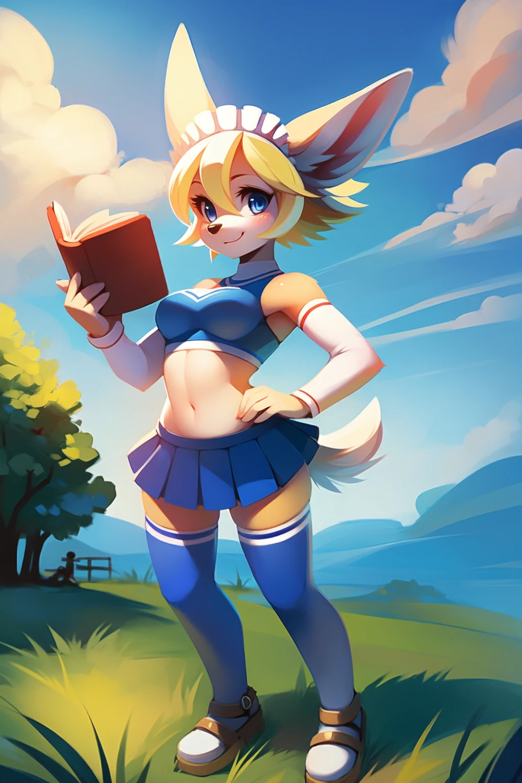 floSR, 1girl, solo, by kanel, detailed fur, blue eyes, detailed eyes, holding book, full body, standing, dog girl, pleated skirt, blue skirt, crop top, bike shorts, midriff, navel, maid headdress, smile, closed mouth, :3, sandals, kneehighs, animal ears, medium breasts, animal nose, tail, short hair, detailed background, field, grass, blue sky, cloud, 8k, hdr <lora:floSR:.9>