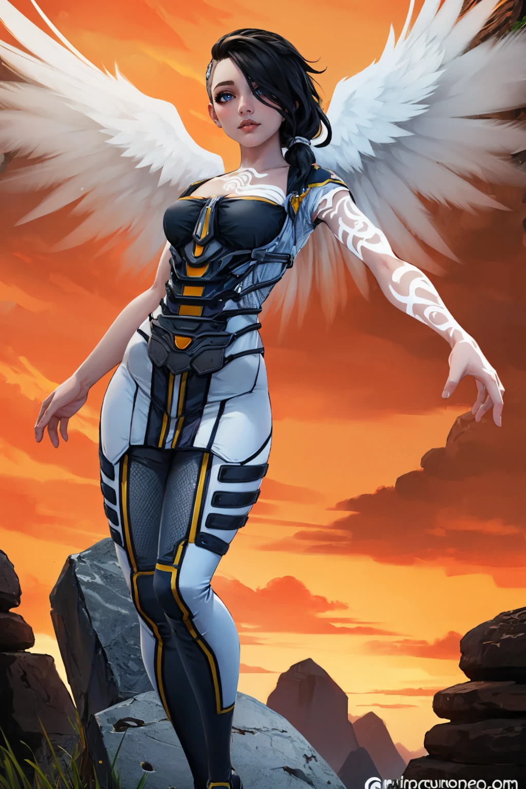 (masterpiece, best quality:1.2), 1girl, solo, <lora:angelbl:1>, angelbl, tattoo, medium breasts, asymmetrical hair, wings, bodysuit, looking at viewer, contrapposto, outdoors, stone, magic, glowing, stone structure, statue, molten rock, orange sky,