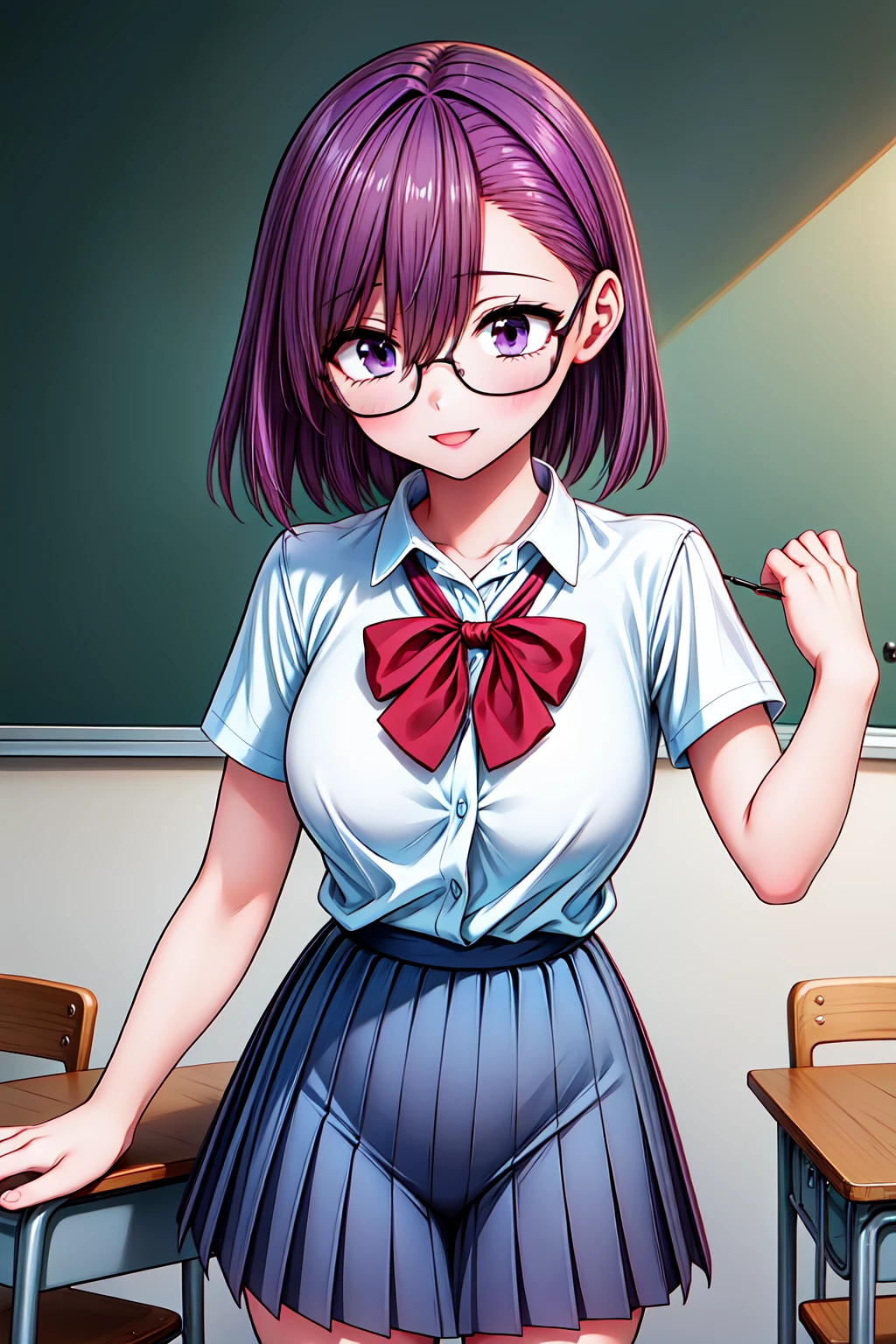 1girl, cowboy shot, classroom, smile, glasses, 
nitengojigen_ririsa, purple eyes, purple hair, short hair, bangs, school uniform, short sleeves, white shirt, pleated skirt, <lora:Nitengojigen_ririsa_lora_ver1:0.7>, best quality, masterpiece, highres, <lora:GoodHands-vanilla:1>