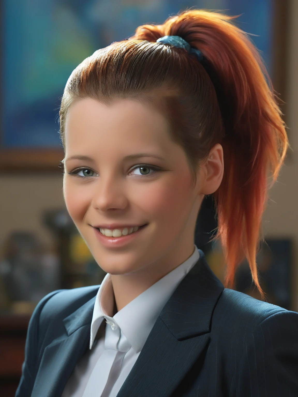 close up portrait of arielpiperfawn smiling, wearing a womens formal business suit with her hair tied back, award winning photography. trending on artstation, award winning photograph. highly detailed. vivid colors. sharp focus. intricate detail. photorealism. masterpiece. 8k <lora:ArielPiperFawnSDXL_v1.0-000001:1>