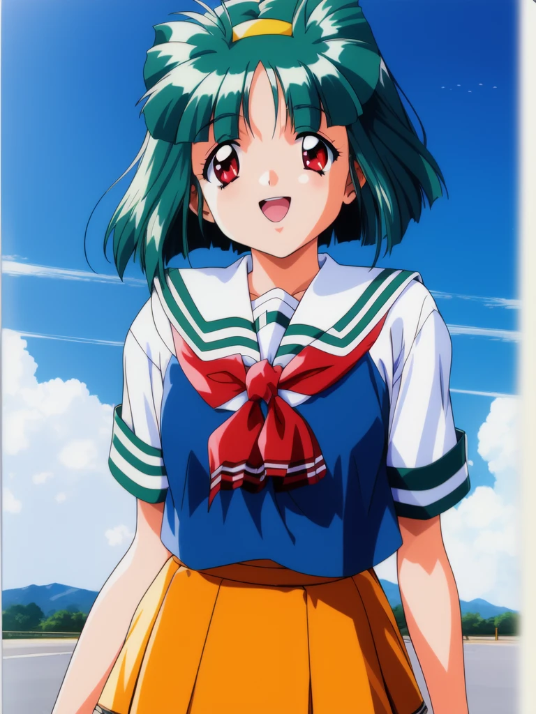 <lora:sakura_kaedeko:0.8>, sakurakaedeko, 1girl, solo, red eyes, green hair, 1990s (style), school uniform, short hair, skirt, Yellow_hairband, cowboy Shot, open mouth, blue_sky, happy,
masterpiece, high quality, very_high_resolution, large_filesize, full color,