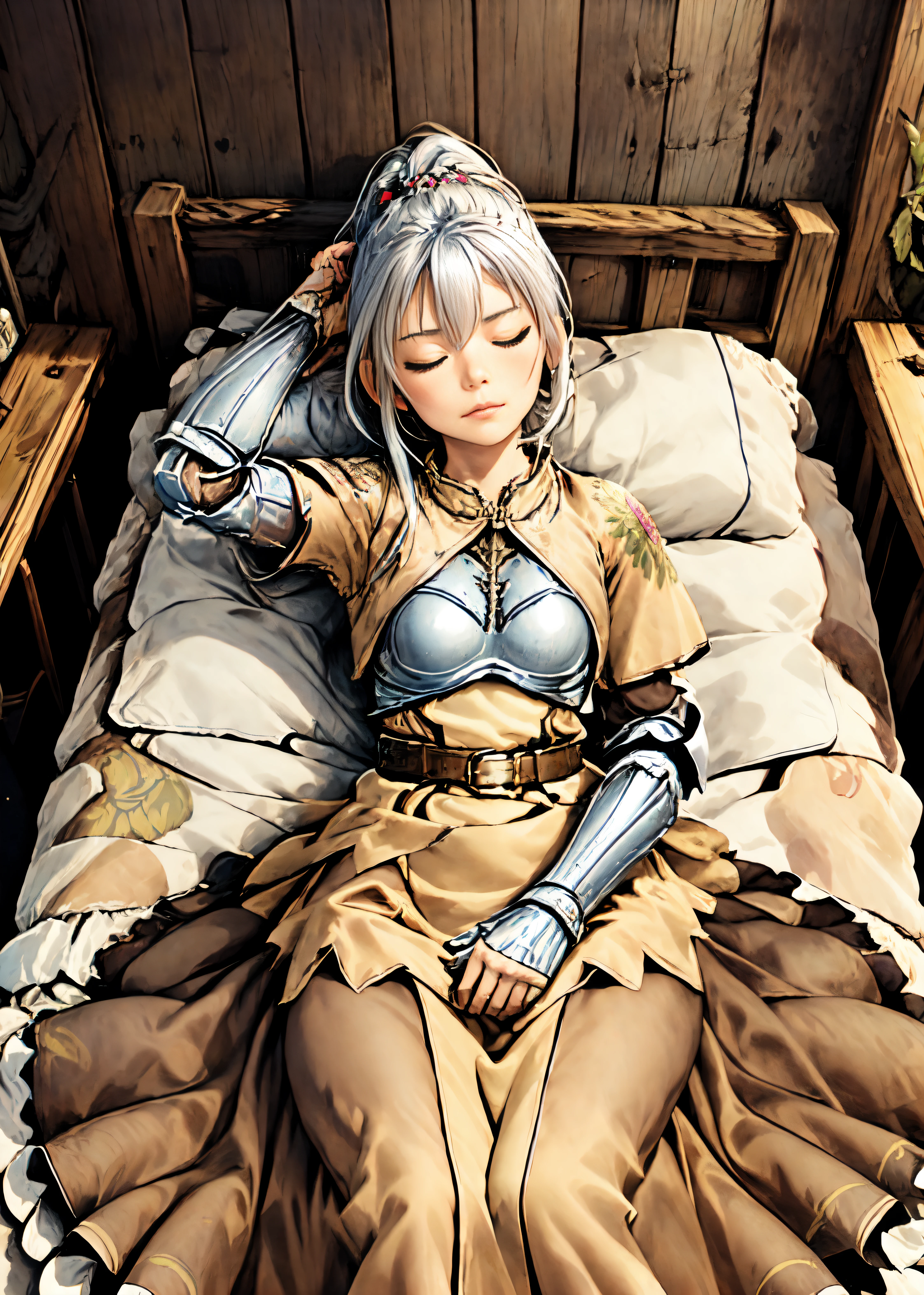 swdro, armor, yellow skirt, brown dress, armored dress, boots, flora print, rose print,
looking at viewer, 1girl,
ponytail, blue eyes, white hair,
sleeping,sleepingon bed, closed eyes, bed,
indoor, bedroom, empty room, wooden wall,
<lora:swordsmanRO_V2.18:0.7>,