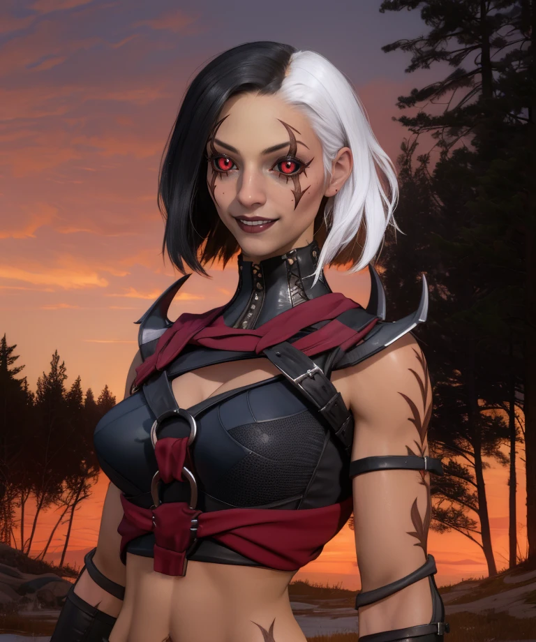 sareenamk1,black sclera,arm tattoo,black hair and white hair,
black crop top,o-ring,gloves,midriff cleavage,standing,upper body,smile,
red sky,woods,
(insanely detailed, beautiful detailed face, masterpiece, best quality),<lora:sareenamk1:0.8>,