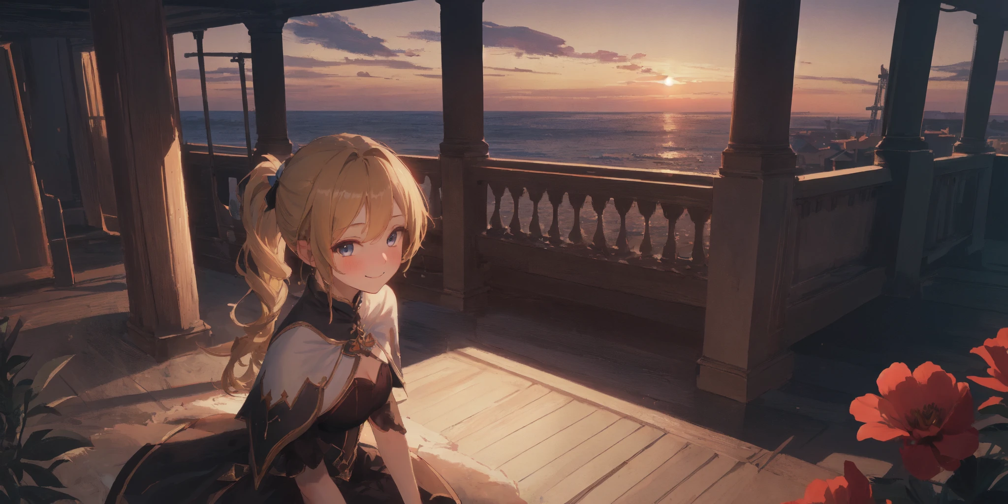 (masterpiece, best quality, detailed background, extremely detailed:1.4) BREAK 1girl, solo, yellow hair, blue eyes, braid, long hair, wavy hair, fluffy hair, ponytail, french braid, blush, smile, capelet, lace trim, bodice, sunset, dusk, scenery, high place, horizon, wind, wind blow, flowerbed, looking at viewer
