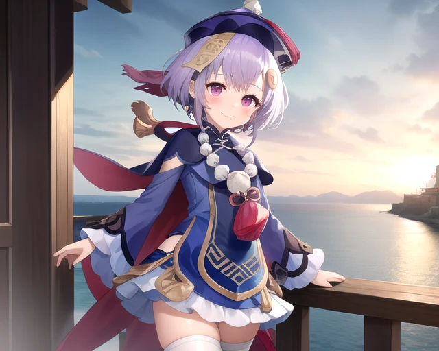 ((masterpiece)),(best quality),official art,extremely detailed CG,unity 8k wallpaper,ultra detailed,A lighthouse on a cliff by the sea,1girl,solo,cowboy shot,looking at viewer,petite,aged down,jewelry,hat,purple_eyes,bead_necklace,purple_hair,qing_guanmao,jiangshi,ofuda,long_hair,bangs,long_sleeves,single_braid,smile,bandaged_leg,sidelocks,cape,coin_hair_ornament,hair_between_eyes,blush,wide_sleeves,hair_ornament,low_ponytail,white_thighhighs,earrings,chinese_clothes,zettai_ryouiki,<lora:Qiqi(gen)>,