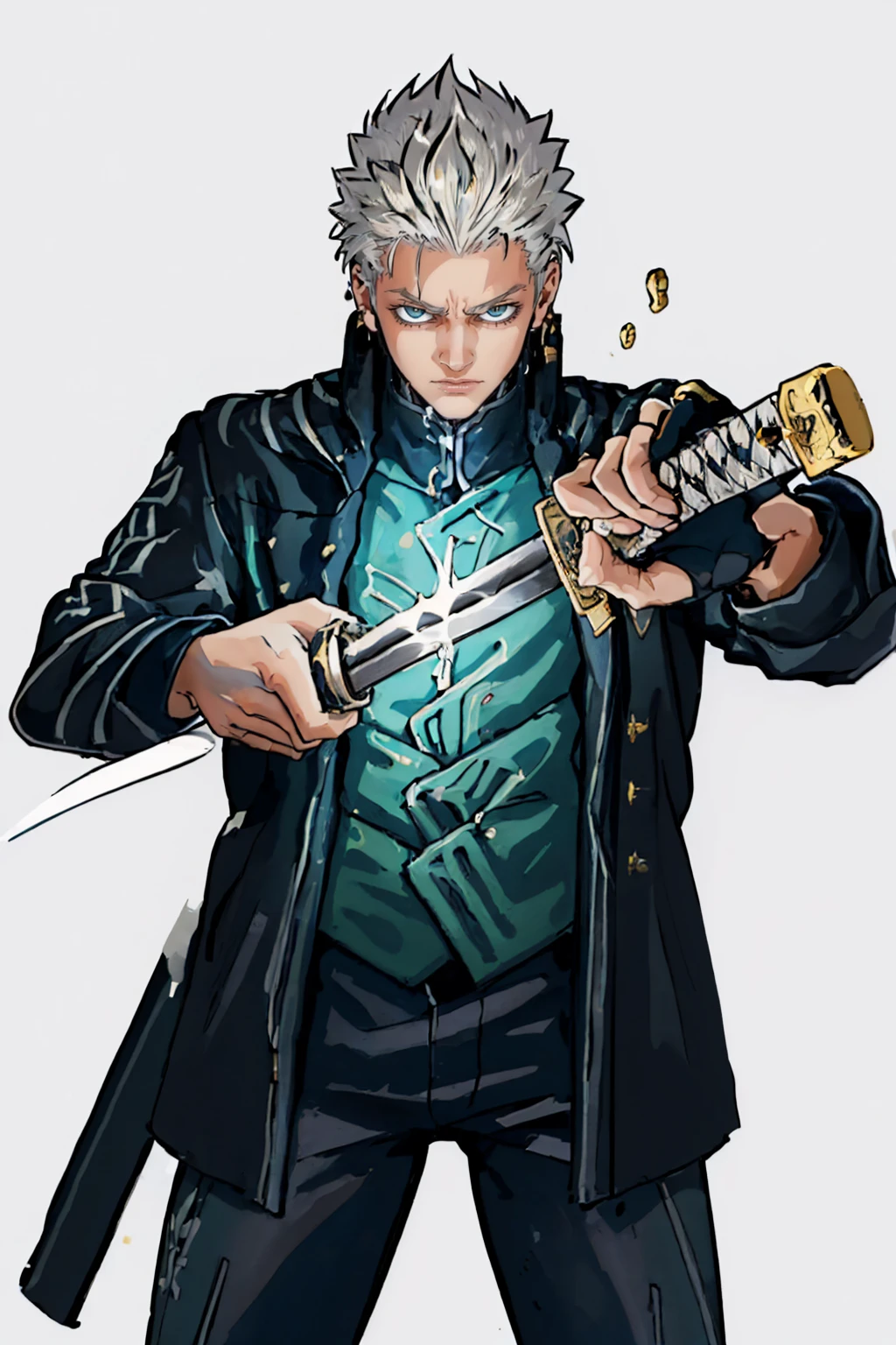 (masterpiece, best quality:1.2), solo, male focus, 1boy, dmc5vergil, serious, looking at viewer, IncrsUnsheathingAKatanaMeme, sheath, holding sheath, black coat, fingerless gloves, pants <lora:dmc5_vergil-10:0.9> <lora:ChihiroUnsheathingAKatanaMeme:0.9>