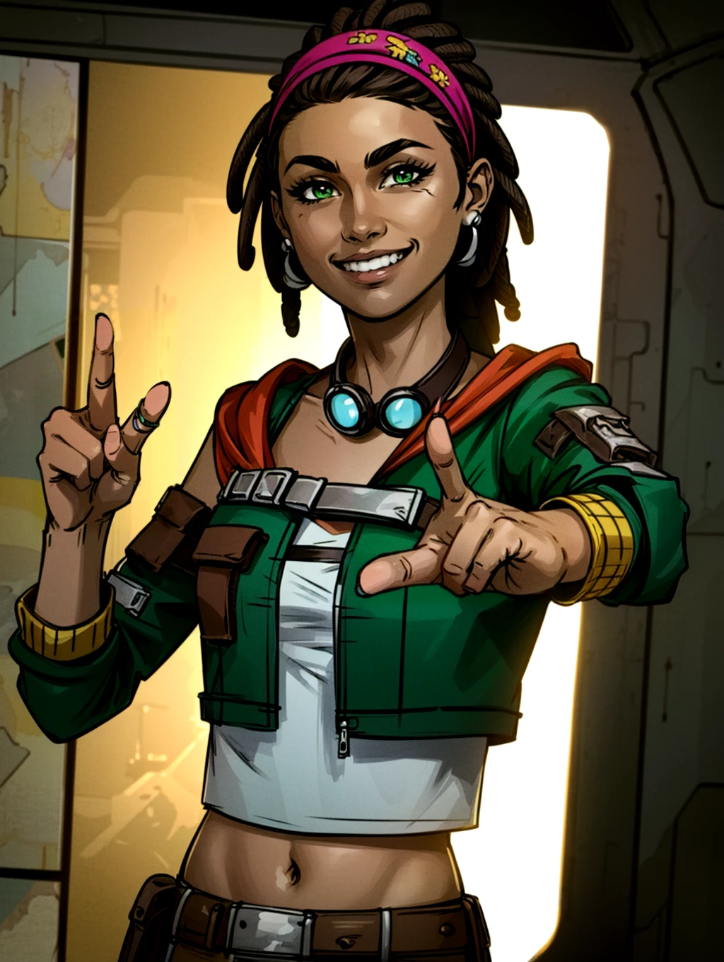 ((best quality)), ((masterpiece)), (detailed), <lora:SashaTFTB:0.7> sashatftb, headband, hairband, green eyes, dark skin, 1girl, solo, jewelry, earrings, dark-skinned female, brown hair, dreadlocks, hairband, pastoutfit, goggles around neck, midriff, navel, crop top, jacket, looking at viewer, smile, teeth, (peace sign with hand:1.2), spaceship, medical room, rusty