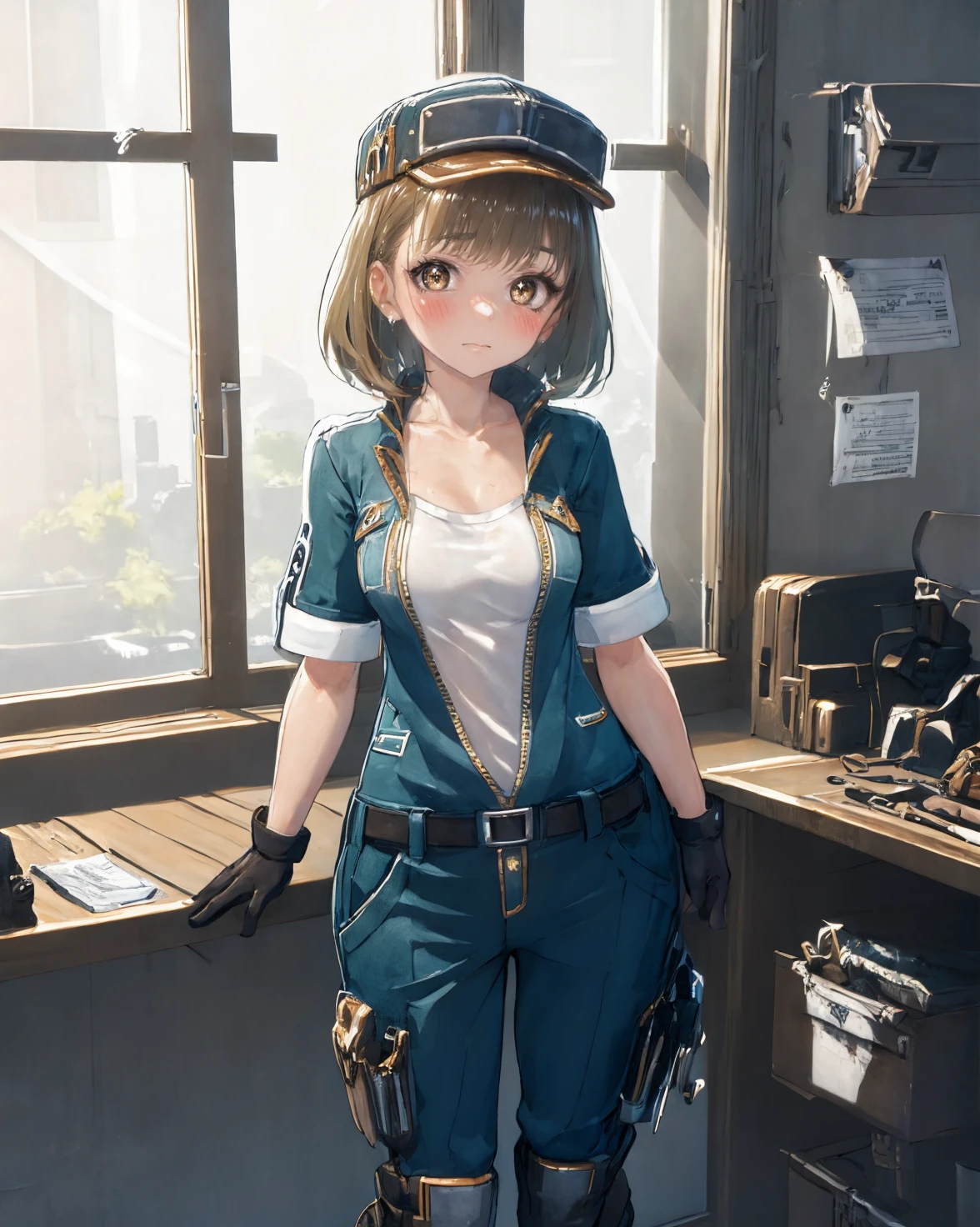 best quality, (masterpiece:1.2), illustration, absurdres, <lora:deluster2:-1>, <lora:hairdetailer:0.5>, <lora:boldline:-1>, <lora:flat2:0.7>, particles, sparkles,
(1girl, solo, beautiful detailed girl), cowboy shot,
<lora:Rebecca:1>, Rebecca, brown hair, medium hair, brown eyes, medium breasts,
hat, jumpsuit, white shirt, gloves, boots, thigh boots,
looking at viewer, shy, blush,
inside a workshop, machinery, tools, table, window, curtains,