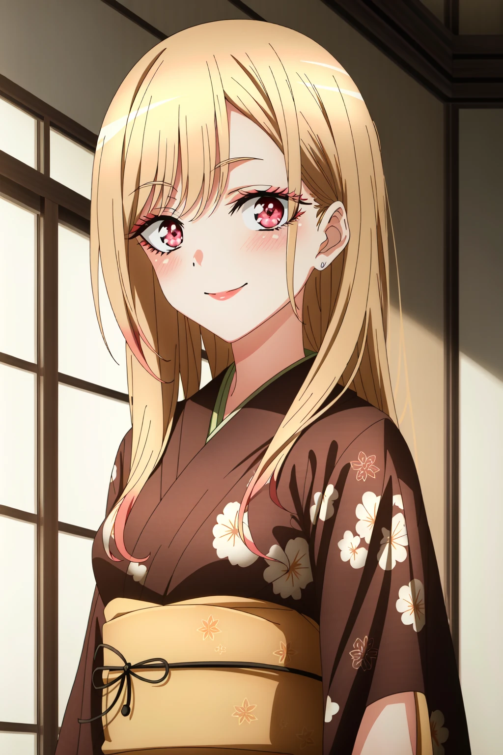 (anime coloring),(masterpiece),(best quality),(ultra-detailed),(best illustration),(best shadow),(absurdres),(detailed background), <lora:OGT_Marin_Kitagawa-v3:0.9> Marin Kitagawa, 1girl, solo, japanese clothes, kimono, blonde hair, smile, looking at viewer, long hair, multicolored hair, black kimono, pink eyes, sash, eyelashes, floral print, blush, blurry, upper body