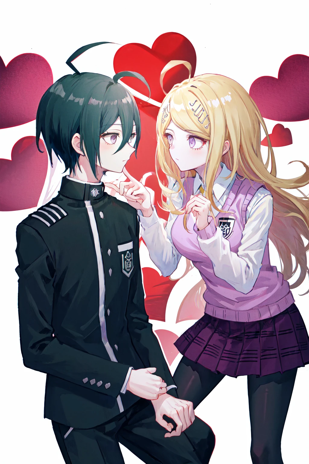 masterpiece, best quality, highres, 1boy shuichi jacket black pants, 1girl kaede sweater vest purple skirt white shirt <lora:shuichi_kaede:1> heart, looking at another