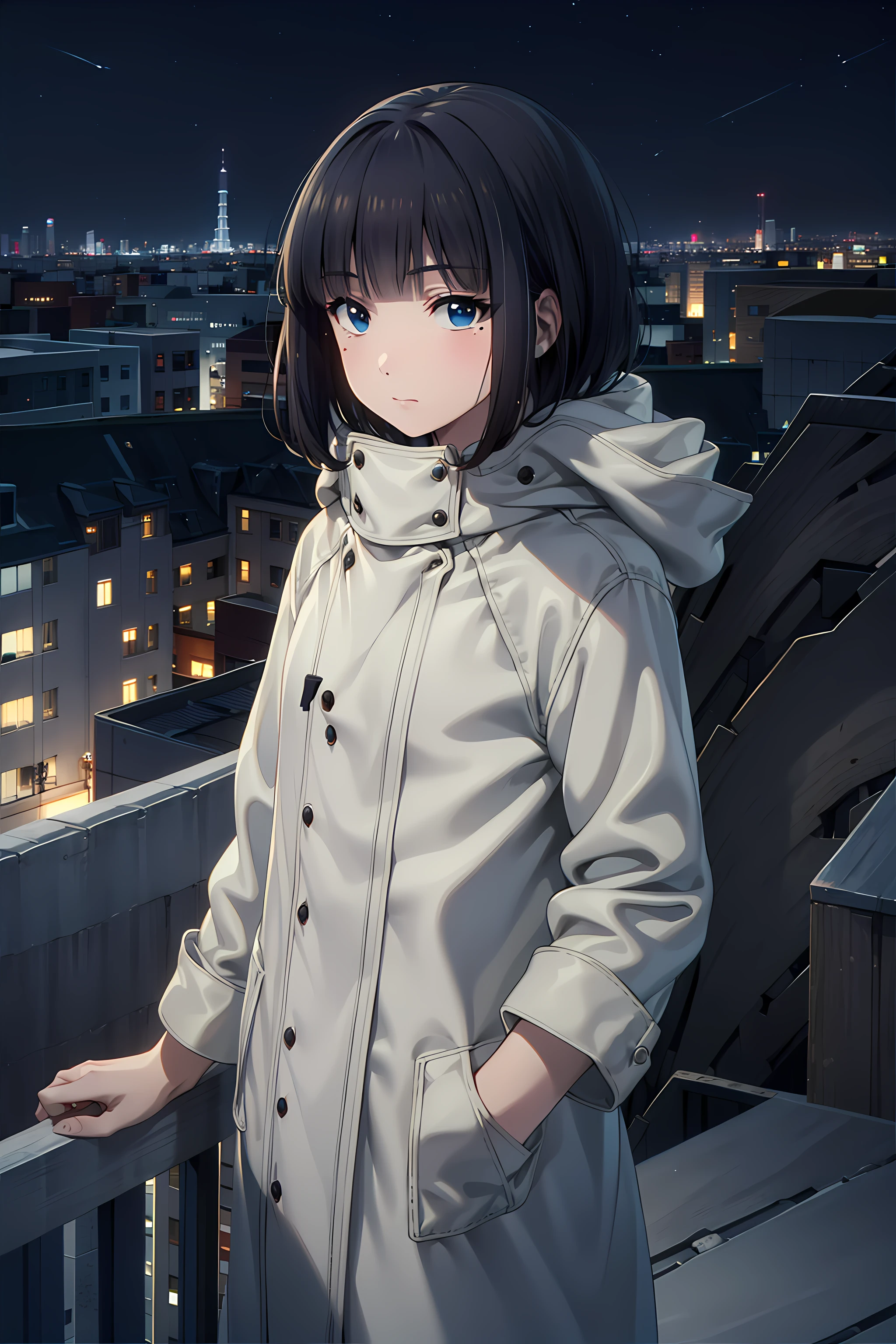 best quality, masterpiece, detailed,
<lora:DarwinsGame_KashiwagiRein:0.8>, KashiwagiRein,
solo, closed mouth,
short hair, brown hair, blue eyes, glowing eyes, mole under eye, blunt bangs,
ReinCoat, hooded coat, white coat,
standing, looking at viewer,
night, sky, skyscraper, city, rooftop, <lora:style_night:0.3>