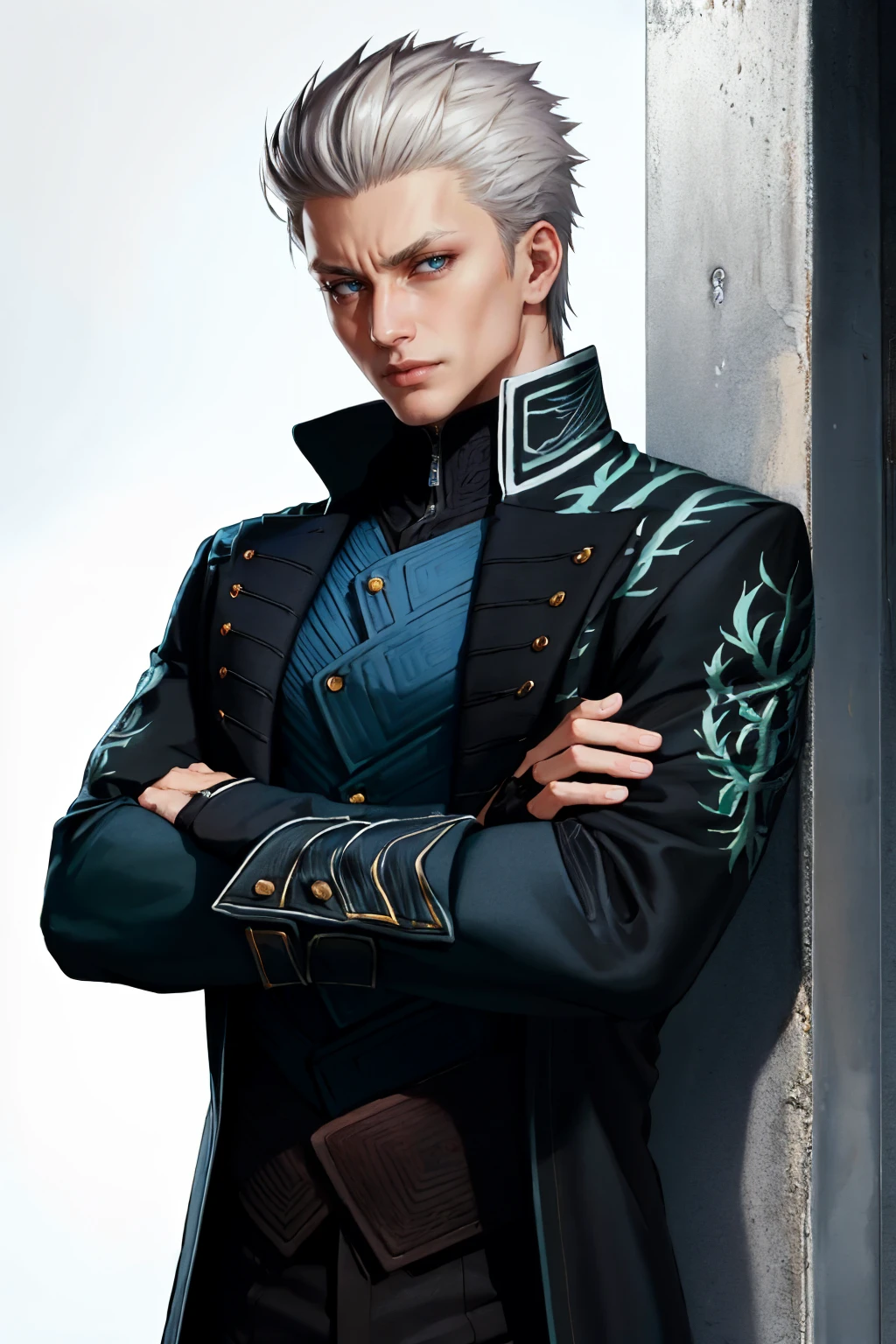 (masterpiece, best quality:1.2), solo, male focus, 1boy, dmc5vergil, serious, looking at viewer, crossed arms, black coat, fingerless gloves, pants <lora:dmc5_vergil-10:1>