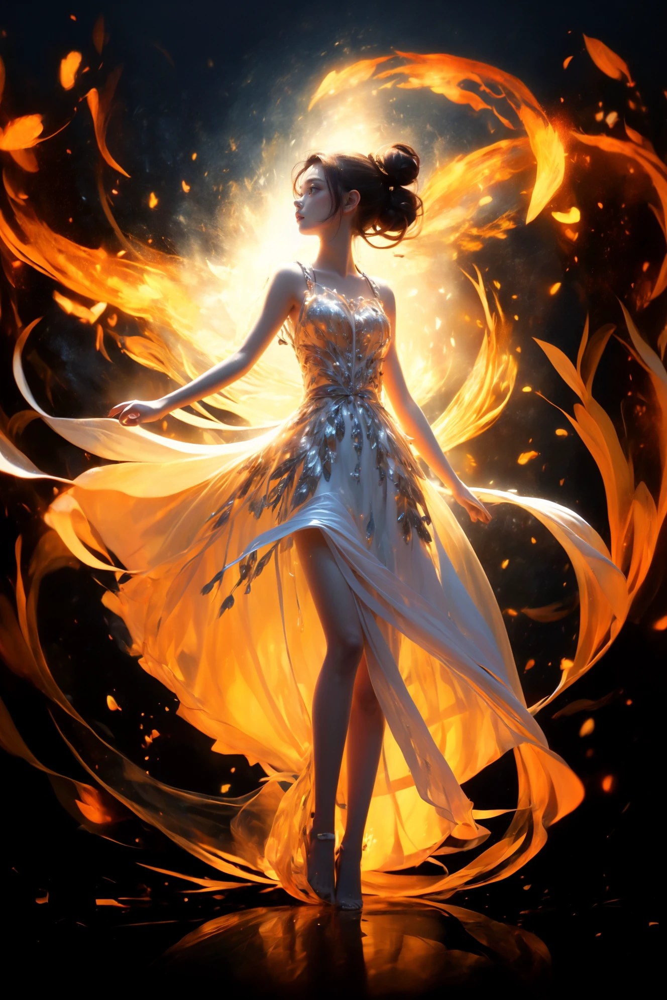 1girl, solo, see-through, dress, hair bun, full body, black background, simple background, colored skin, standing, white dress, black hair, see-through silhouette, short hair
<lora:~Q?-mAQI glowwave:1>