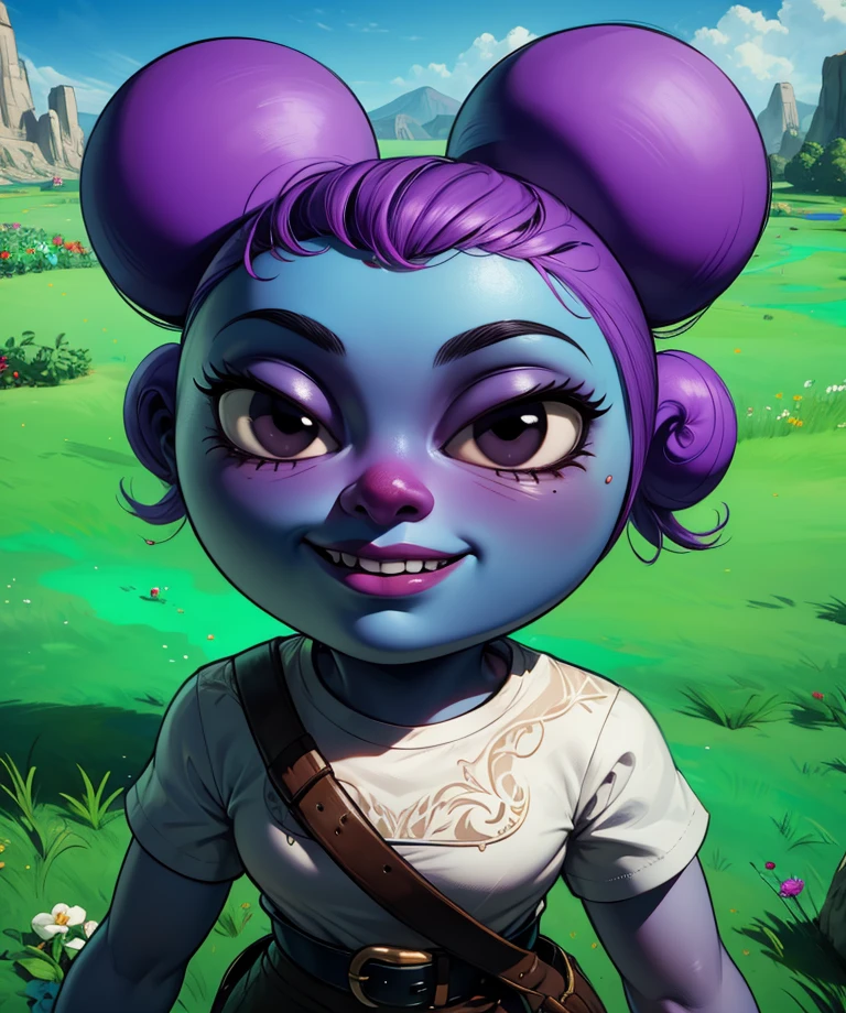 pibby black eyes,purple hair,double bun,blue skin,
standing,
smile,white shirt,belt,
outdoors,plains,
(insanely detailed, beautiful detailed face, masterpiece, best quality),solo,<lora:pippy:0.8>,