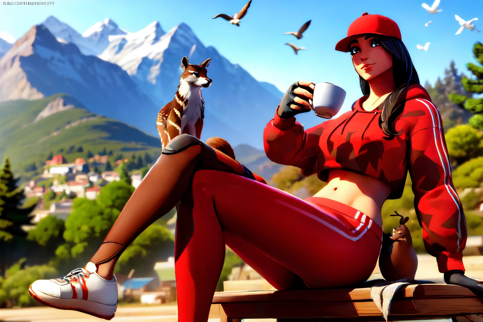 ((full body. sitting outside a cafe holding a cup of tea, moountains in background, deer, racoon, birds ))<lora:RubyLoRA:1> (ruby, red cap, red outfit:1.1, red pants, black gloves, white shoes), beautiful girl, high detail skin, high detail eyes, high detail hair, highres, ultra detailed, sharpen picture, Highly detailed, masterpiece, best quality, photorealistic,   big boobs,  <lora:better output-v1.0a:0.5>