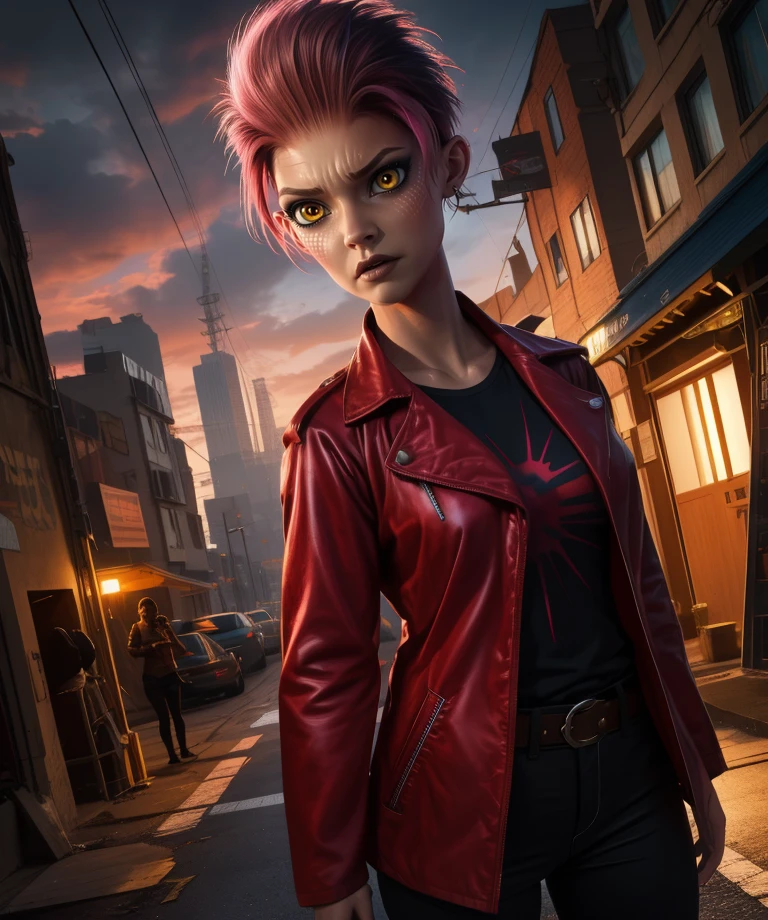 art3mis,yellow eyes,pink hair,short hair,colored skin,
black shirt,red jacket,belt,black pants,
standing,serious,
science fiction,city,
(insanely detailed, beautiful detailed face,beautiful detailed eyes, masterpiece, best quality),<lora:art3mis:0.7>,