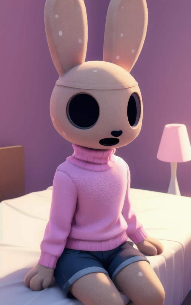 ((masterpiece, best quality:1.4)), bokeh, fluffy, 3d,
furry female, solo, looking at viewer, anthro, cowboy shot,
 <lora:coco-10:0.7> coco_(ac), rabbit, black eyes, hollow eyes, open mouth, 
pink turtleneck, shorts, 
sitting on bed, 
pink room, bedroom, 
pastel colors,