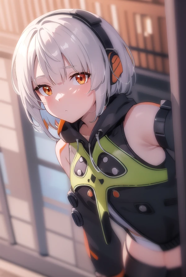 anbydemara, <lora:anby demara-lora-nochekaiser:1>,
anby demara, (orange eyes:1.5), short hair, white hair,
BREAK bare shoulders, black gloves, black skirt, black thighhighs, fingerless gloves, gloves, green jacket, headphones, jacket, navel, skirt, stomach, thighhighs,
BREAK outdoors, city, sky, clouds, sun, buildings, crowd, people, alley,
BREAK looking at viewer, (cowboy shot:1.5),
BREAK <lyco:GoodHands-beta2:1>, (masterpiece:1.2), best quality, high resolution, unity 8k wallpaper, (illustration:0.8), (beautiful detailed eyes:1.6), extremely detailed face, perfect lighting, extremely detailed CG, (perfect hands, perfect anatomy),