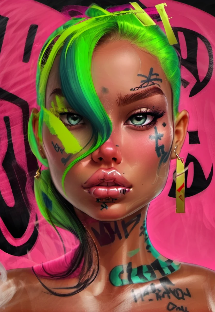 <lora:lush_lora_xl:1> ((puffy lips)), ((pronounced cheek bones)), red cheeks, tattoos, 3d, cgi, ((freckles)), blush, make up, toy, doll, robot, android woman, dark, high contrast, oily face with glare, thick hairy eye brows, double lush, strong colors, sexy, large blue and green eyes, neck band, messy, drawn by hand, drawn with a spray can
Negative prompt