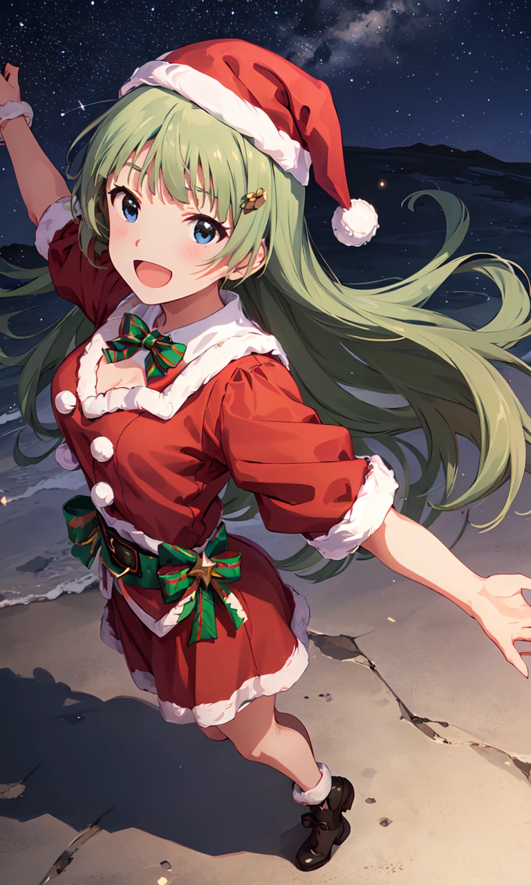 elena shimabara (million live), long hair, (best quality, 8K, masterpiece, ultra detailed:1.2)
light particles, wide shot, full body, standing, night, santa costume, starry sky, constellation, 
1girl, solo, smile, :d, dynamic pose, cinematic angle, christmas, from above