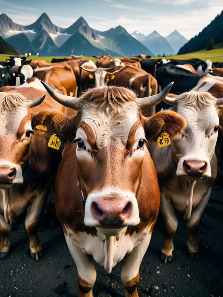 a huge herd of cows in the german alps looking at viewer <lora:ral-symetrical:1> ral-symetrical