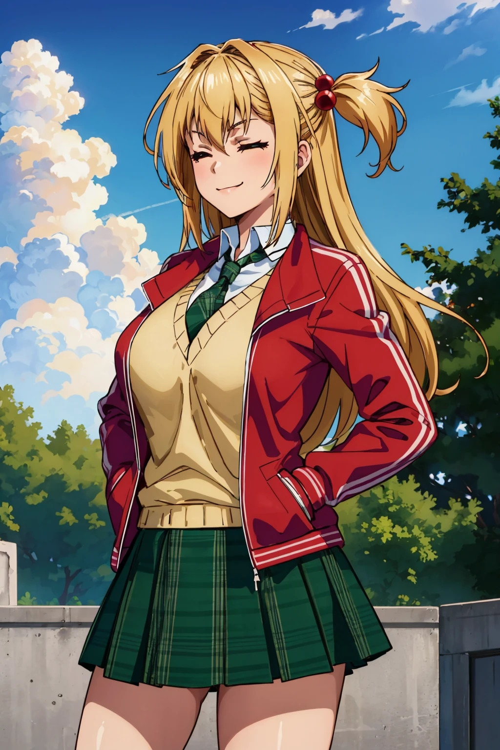 masterpiece, best quality, 1girl, solo <lora:amagakeyuri-nvwls-v1-000010:0.9> amagake yuri, hair ornament, red jacket, yellow sweater vest, green necktie, green skirt, large breasts, standing, hands to hips, closed eyes, smile, smug, outdoors, sky, clouds
