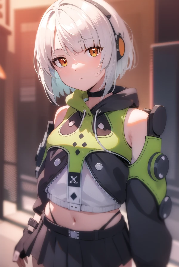 anbydemara, <lora:anby demara-lora-nochekaiser:1>,
anby demara, (orange eyes:1.5), short hair, white hair,
BREAK bare shoulders, black gloves, black skirt, black thighhighs, fingerless gloves, gloves, green jacket, headphones, jacket, navel, skirt, stomach, thighhighs,
BREAK outdoors, city, sky, clouds, sun, buildings, crowd, people, alley,
BREAK looking at viewer, (cowboy shot:1.5),
BREAK <lyco:GoodHands-beta2:1>, (masterpiece:1.2), best quality, high resolution, unity 8k wallpaper, (illustration:0.8), (beautiful detailed eyes:1.6), extremely detailed face, perfect lighting, extremely detailed CG, (perfect hands, perfect anatomy),
