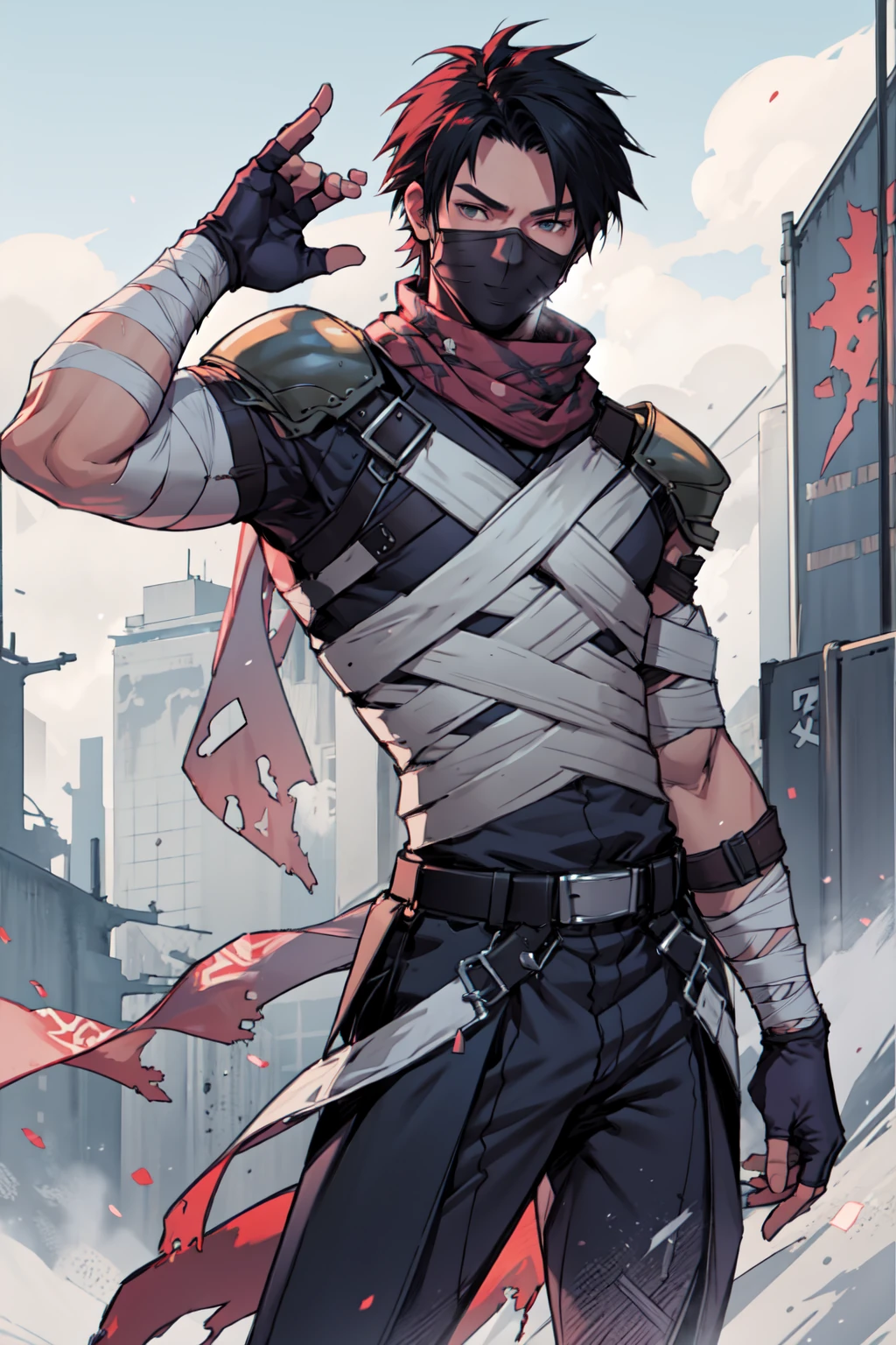 (1boy, solo), <lora:assassin-ro:0.8>, shoulder armor, gloves, armor, ninja mask:1, pauldrons, bandages, fingerless gloves, skin tight, assassin-ro, swords, ragnarok online:1, <lora:age_slider_v2:1.7>, mature male, scarf, dynamic pose
