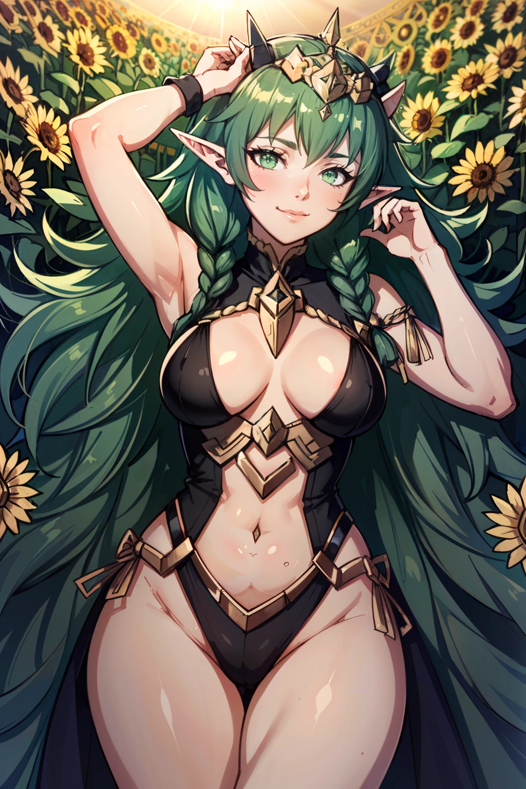 Black background with spotlight,Mature Elf Woman 1people((Dark Skin:1.5,Golden eyes:1.4,Bright green hair:1.3,Gal Style,big ,)), Leopard print underwear