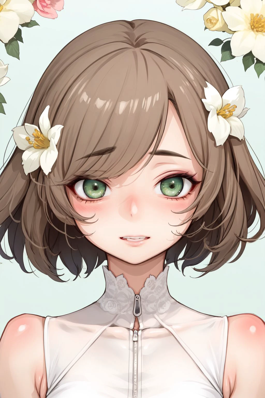 portrait, solo, 1girl, grimace, light brown hair, pompadour, light green eyes, white coat, Speedwell \(flower\), floral background <lora:kanimura_ebio_style_v01:1>